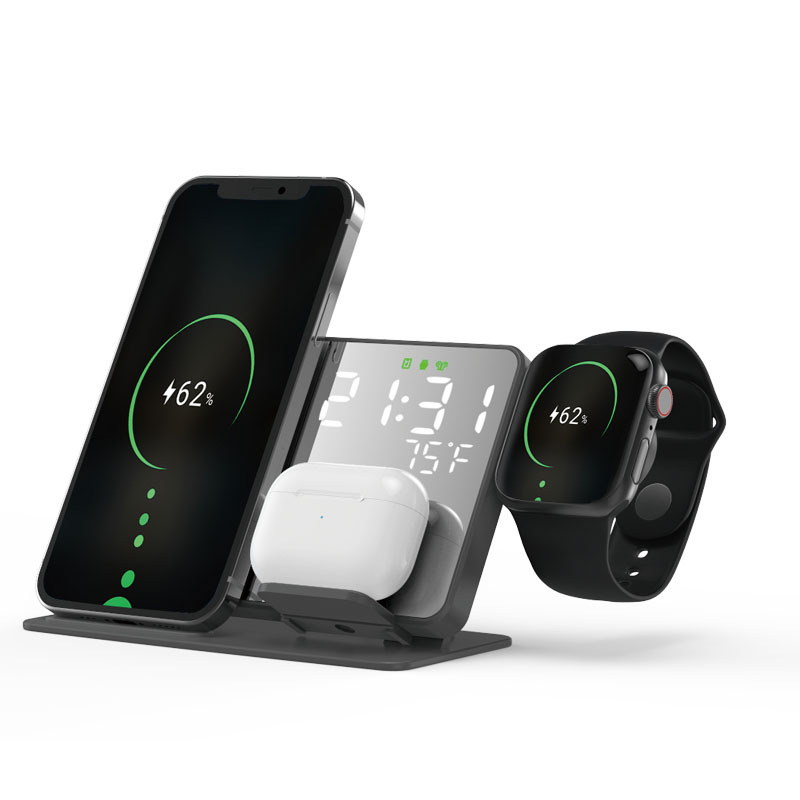 2023 new arrival 4-in-1 wireless charging, mobile phone headset, phone watch, clock, 15W thermometer wireless charging