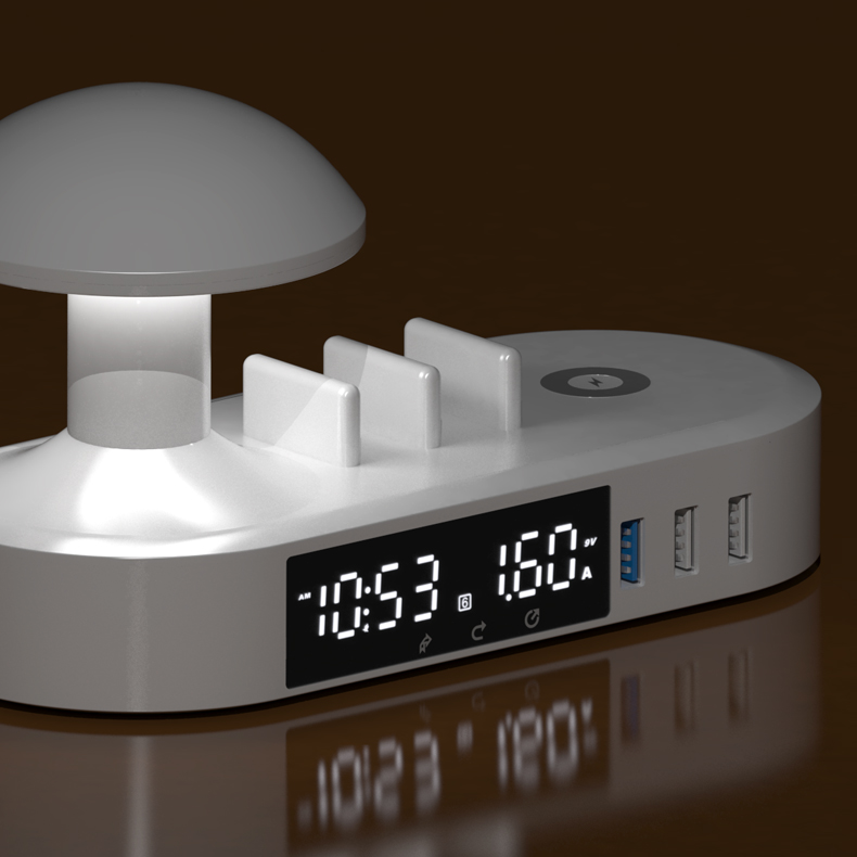 新款多功能桌面时钟触摸夜灯闹钟无线充电站手机支架快速充电器